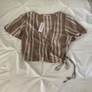 Tan Stripe Tie Waist Crop Top